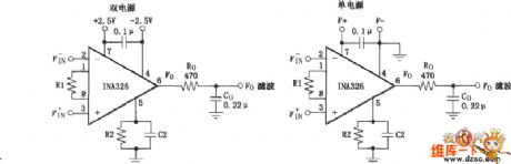 Basic connection diagram of INA326/327 signal and power