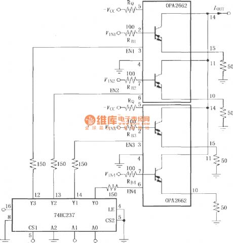 Current allocation multiplexing circuit composed of double broadband transconductance operational amplifier OPA2662