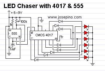 LED chaser using a CMOS 4017 and a 555