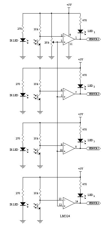 Circuit diagram of Infrared sensors and comparators