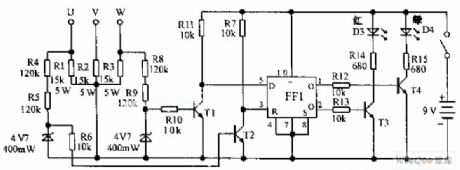 Three-phase power supply phase sequence indicator circuit diagram