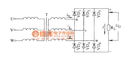 Three-phase bridge rectifier circuit diagram type resistance load