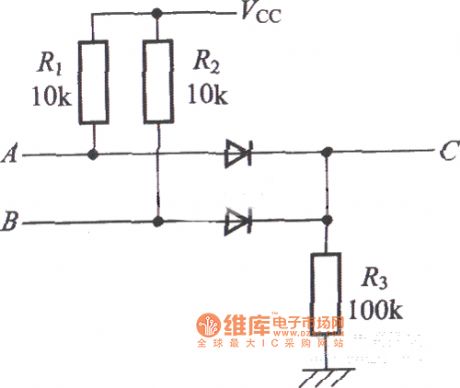 Use the OR circuit, composed of diodes and resistors C = A + B circuit diagram