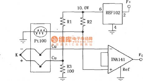 Thermocouple constituted by the INA141 amplifier with cold junction compensation circuit