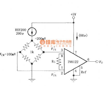Constituted by the INA122, single-supply current shunt measurement circuit