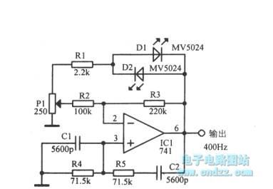 Using light emitting diode and the operational amplifier 400Hz sine wave circuit diagram