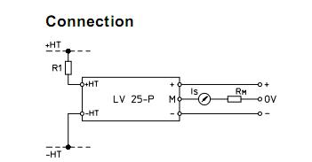 Internal circuit diagram of LEM LV25P voltage transducer.