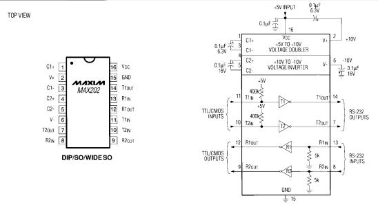 MAX202ESE+ pin configuration and typical operating circuit